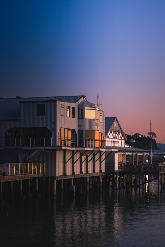 white and brown wooden house near body of water during night time in Nelson New Zealand