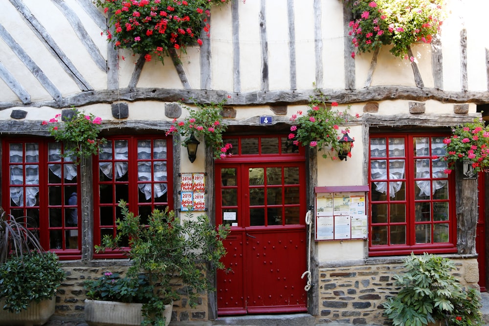 red wooden door with green plants