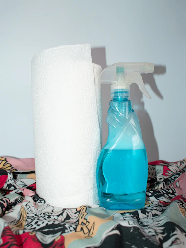 paper towels beside a bottle of blue window cleaner