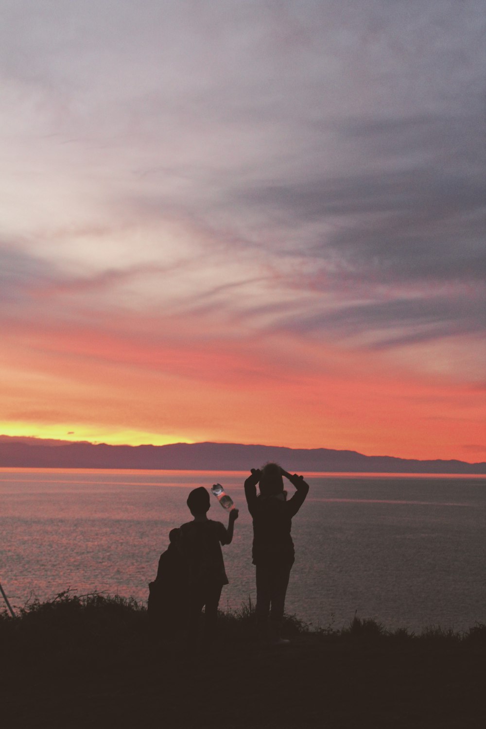 silhouette of 2 person standing on grass field during sunset