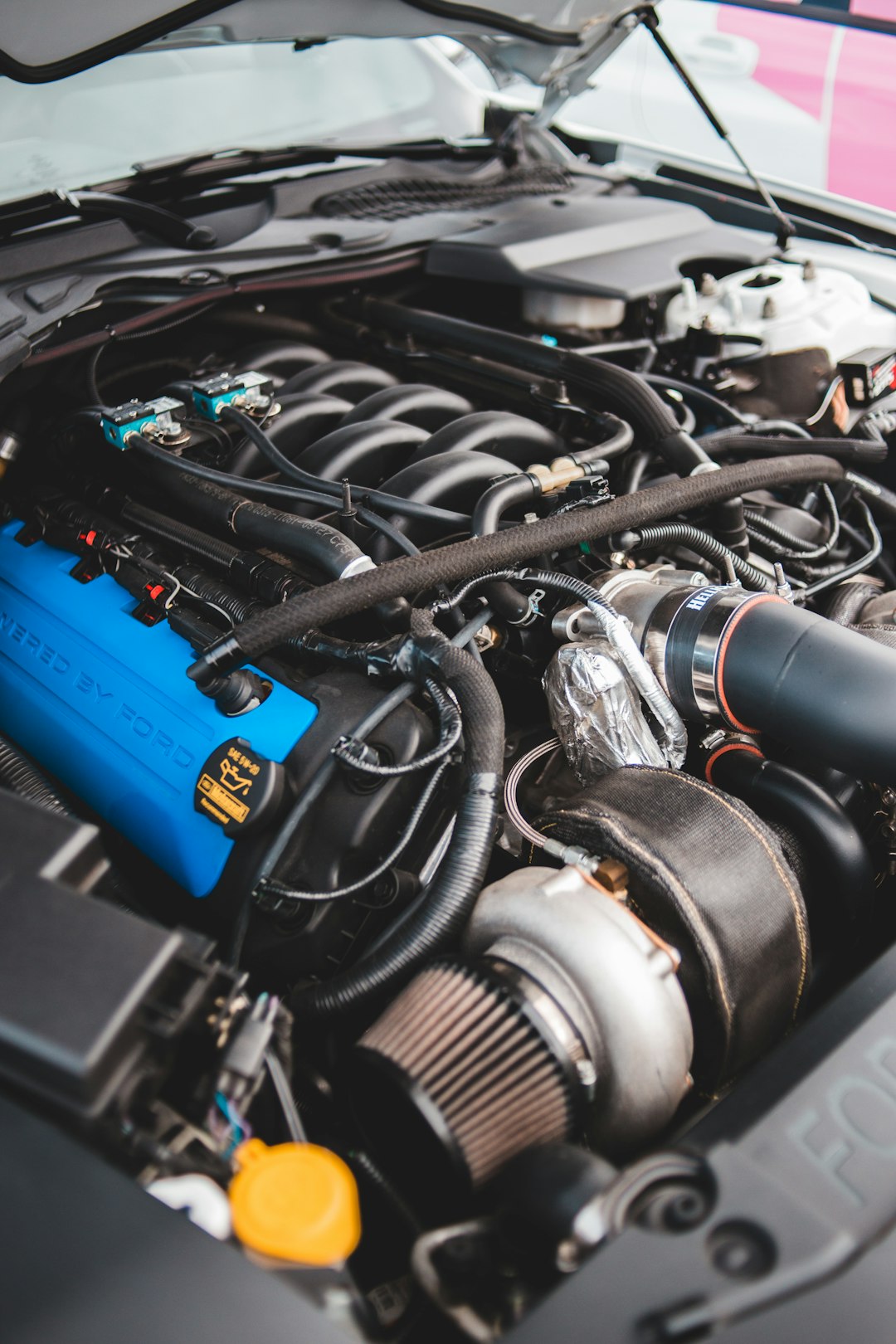 blue and black car engine