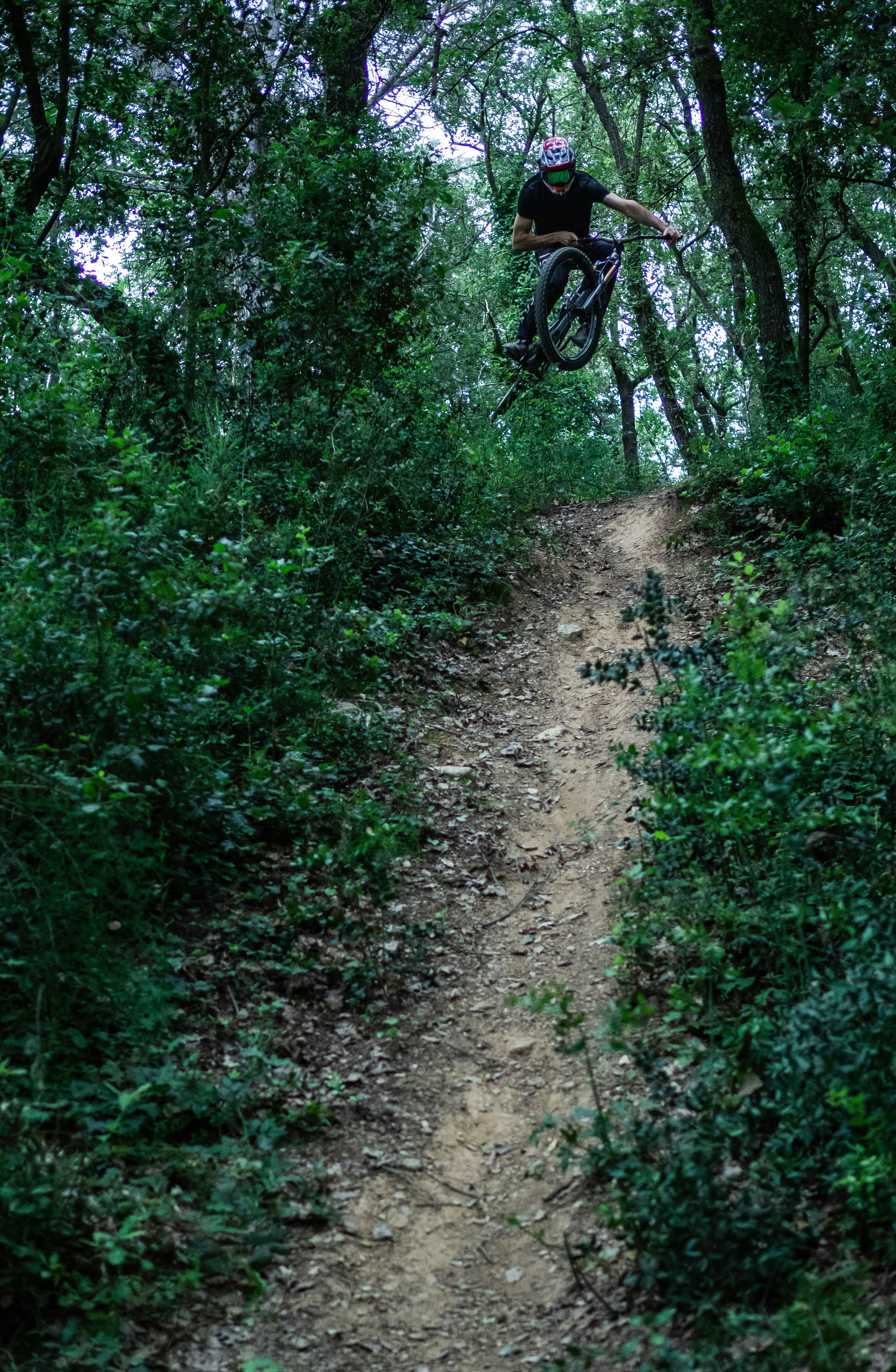 Freeride Downhill Bike Session. My friend making a big jump inside a forest, crazy ;).