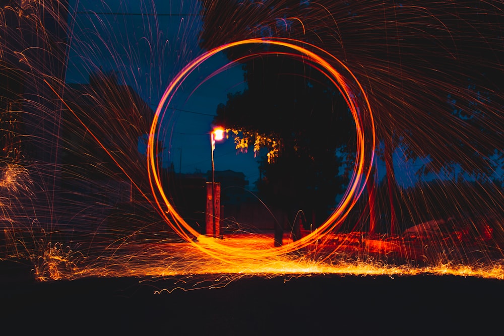 time lapse photography of steel wool during night time