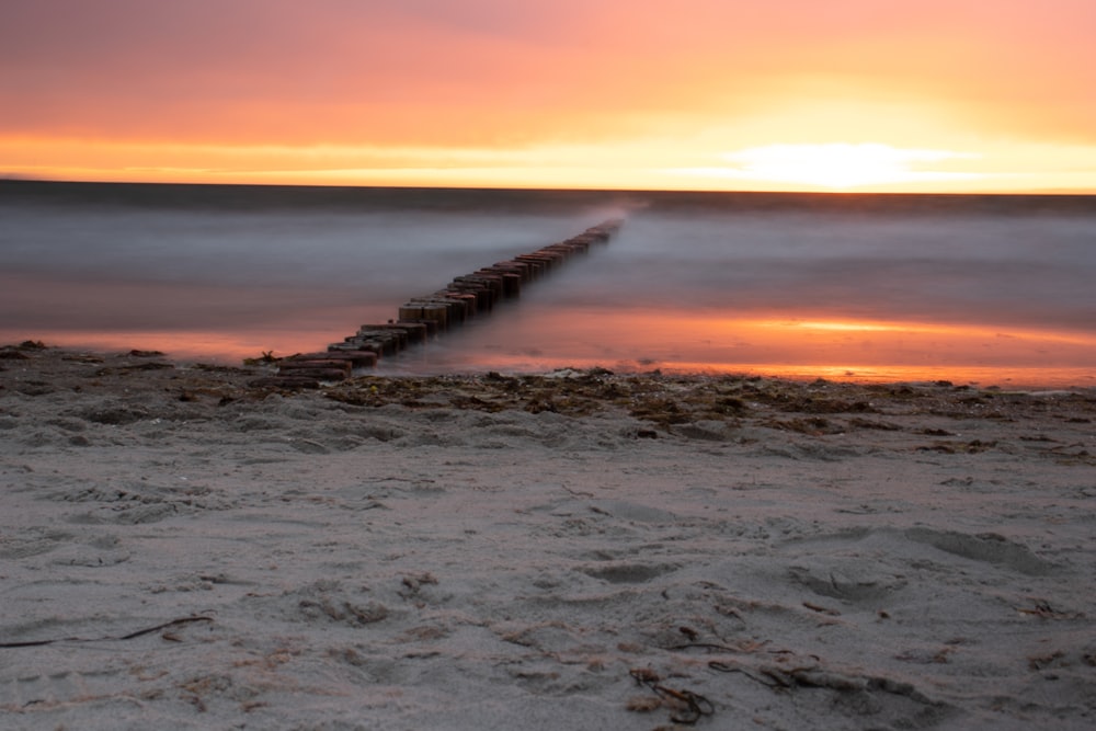 muelle de madera marrón en el mar durante la puesta del sol