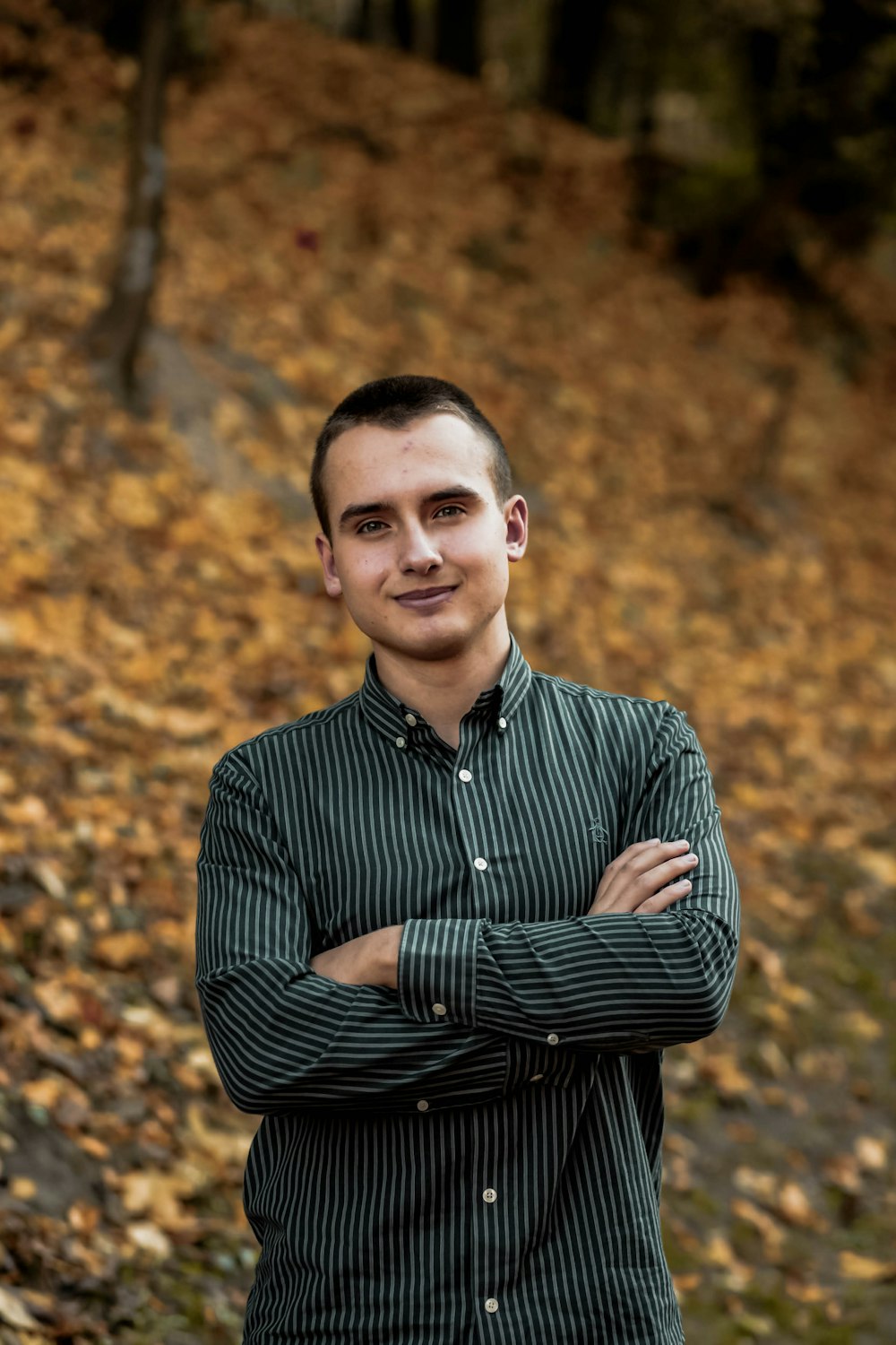 man in black and white striped dress shirt standing near brown leaves during daytime