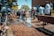 A group of people are actively participating in cleaning an outdoor area. Some are using brooms and shovels to clear debris and water from a pathway, while others work together to manage the surroundings. The scene is set against a backdrop of trees and a building, with bright sunlight highlighting the activity.