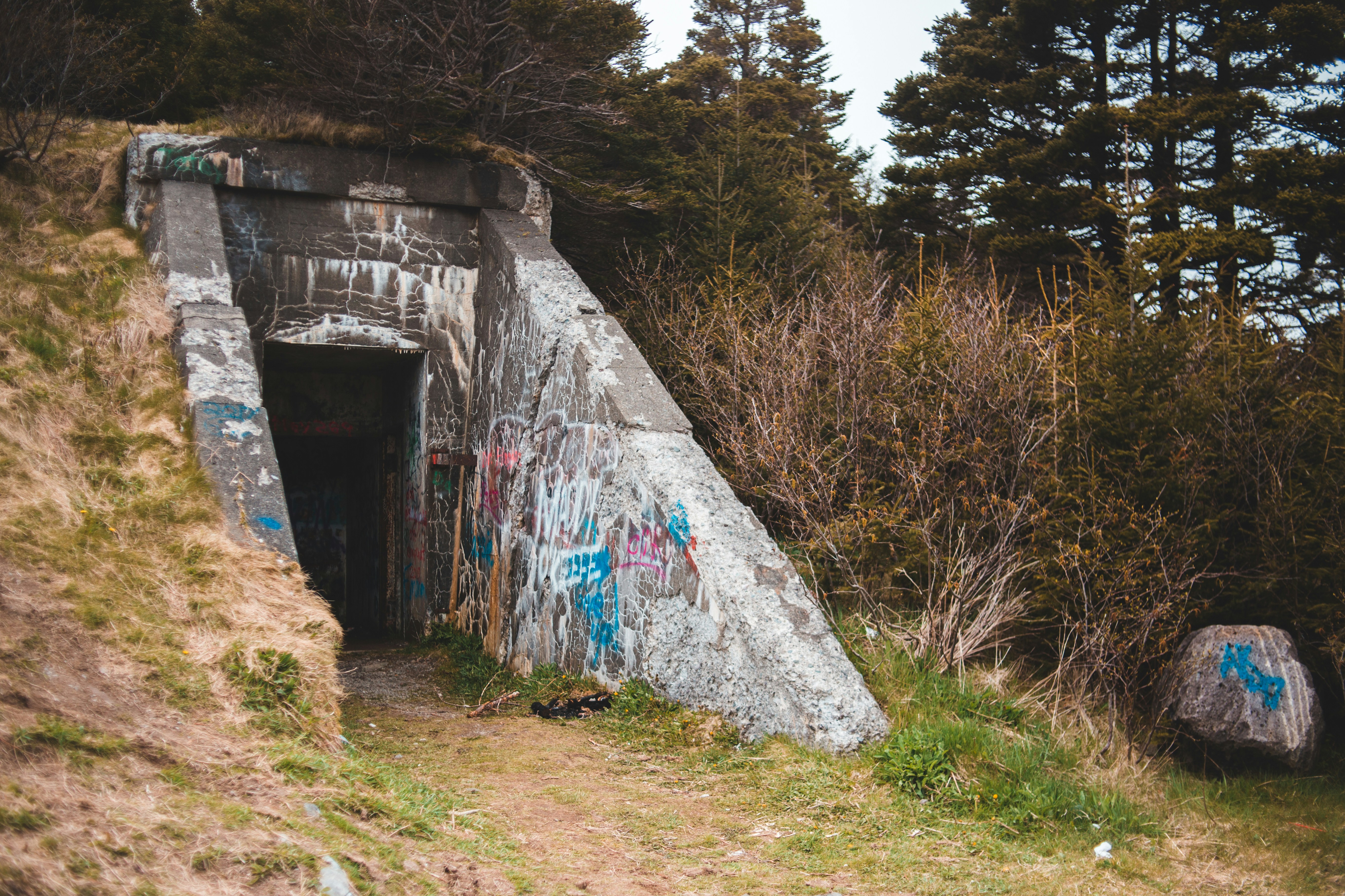 a graffiti-covered entrance to an underground complex