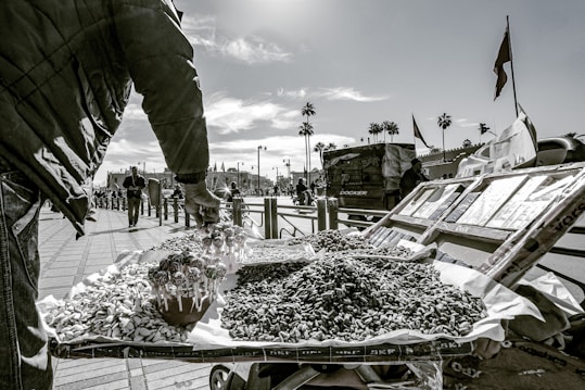 A street vendor is displaying a variety of nuts and seeds on a cart. In the foreground, the cart is filled with neatly arranged piles of snacks and candy. In the background, there are people walking past and palm trees lining the street. A large building and flags are visible under a partly cloudy sky.