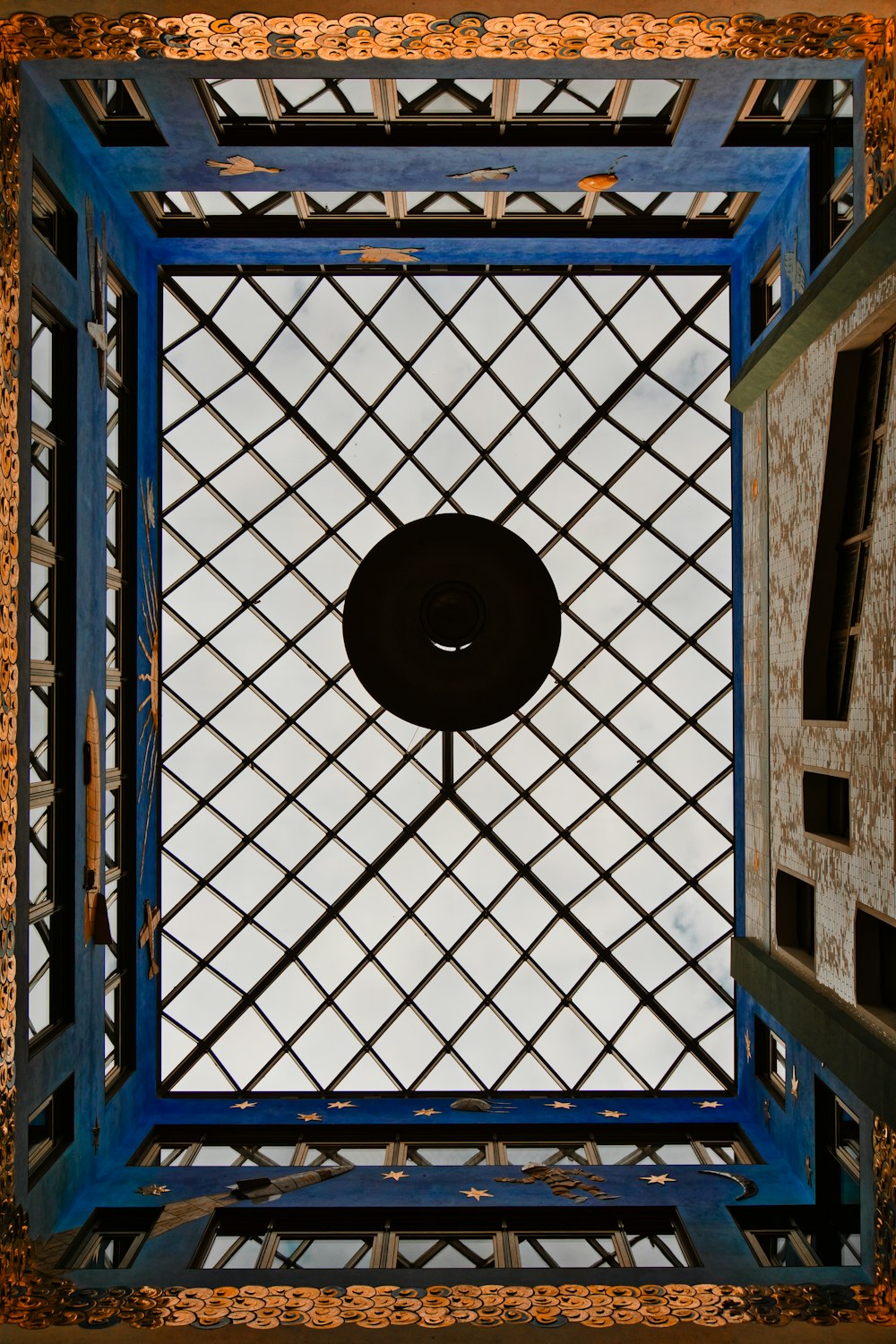 white and blue glass ceiling