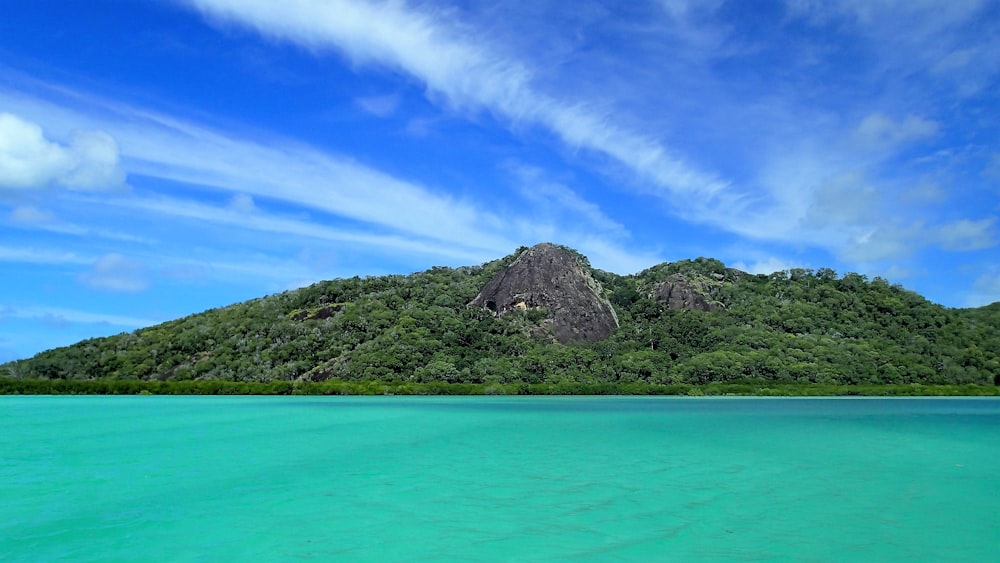 green and brown mountain beside body of water under blue sky during daytime