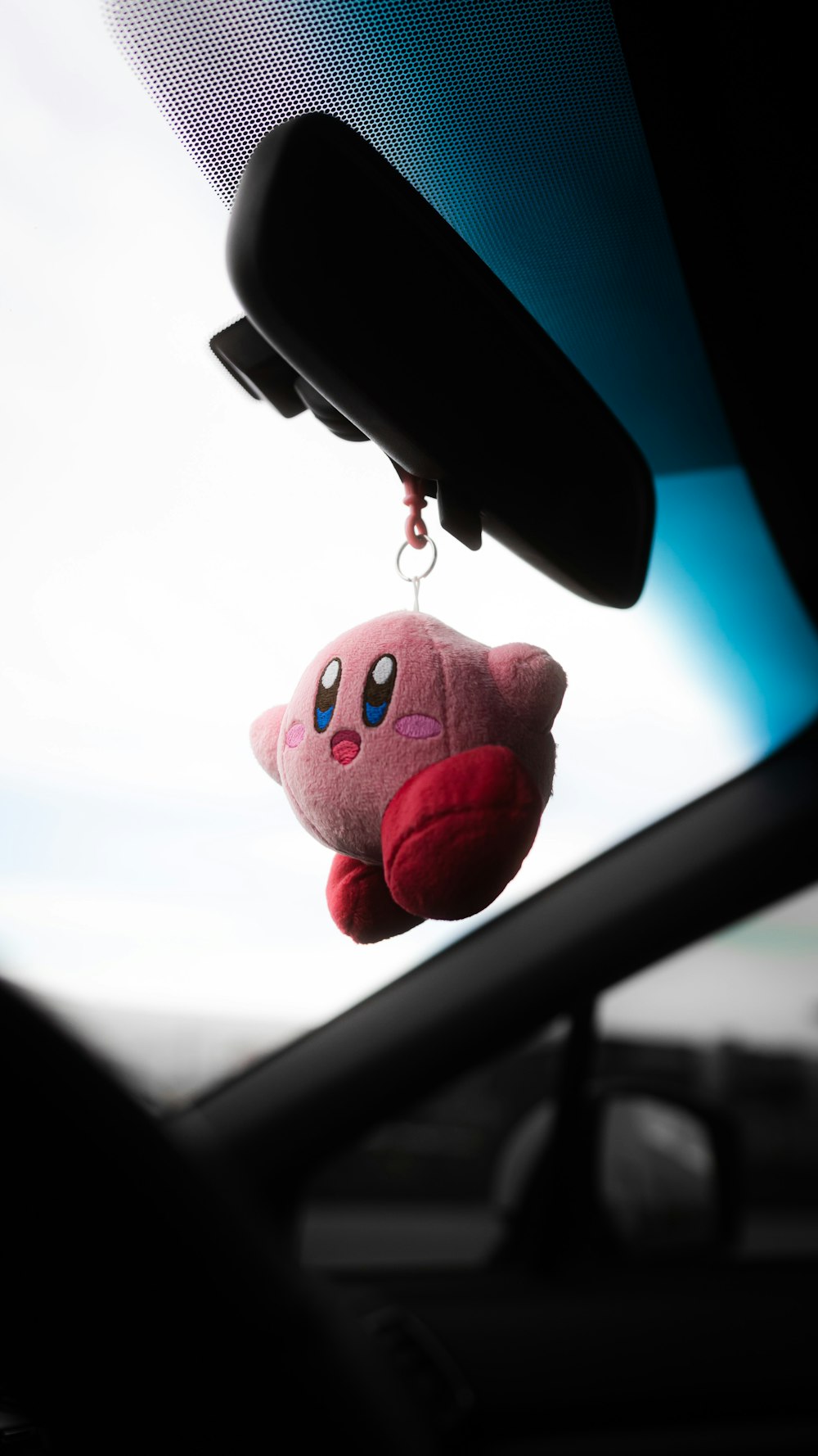 peluche rosa appeso allo specchietto retrovisore dell'auto
