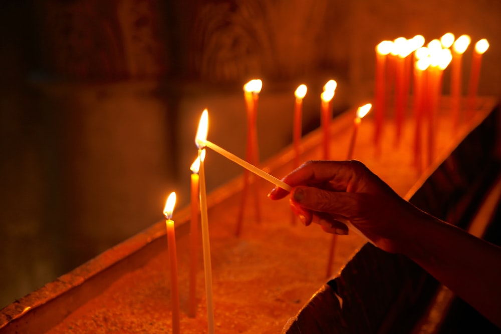 person holding lighted candles in front of brown wooden wall