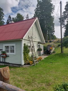 A quaint, single-story house with light green wooden siding and a reddish-brown metal roof. A wooden ladder leans against the side of the house near a window with flower boxes. Colorful flowers and climbing plants add charm to the setting. The house is surrounded by a well-maintained grassy area with trees in the background, and a pathway leading to a patio with a barbecue grill. Power lines stretch across the scene, under a sky partly covered with clouds.