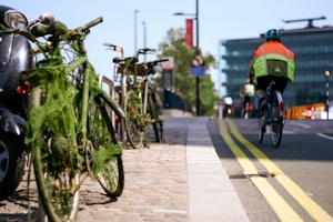 Bicycles are parked along a cobblestone pavement, with some of them covered in green foliage and moss. A person wearing a fluorescent jacket and helmet rides a bicycle on a road marked with double yellow lines. In the background, a building with reflective glass windows is visible under a clear blue sky.