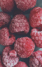 A cinematic shot of freshly harvested frozen fruits glistening under soft golden light.