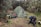 A green tent is set up in a bushy, grassy area, surrounded by trees and shrubs. There are several backpacks and camping gear scattered around, including two hiking poles, bags, and a rolled-up sleeping mat. The environment looks natural and outdoors.