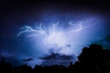 Bright flashes of lightning illuminate a dark, cloudy night sky. The lightning branches out in jagged patterns, casting an eerie glow over silhouetted trees below. The scene conveys a sense of power and raw energy in the midst of a storm.