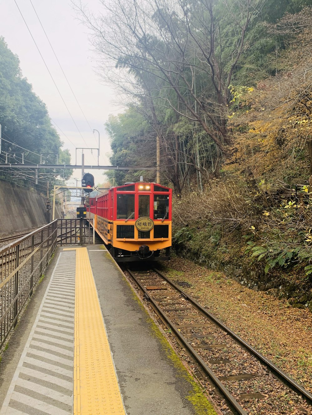 red and yellow train on rail tracks