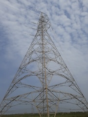A large metal electricity transmission tower stretches into the sky, its lattice structure defined against a partly cloudy backdrop. The tower is surrounded by vegetation at its base and other distant towers can be seen along the horizon.