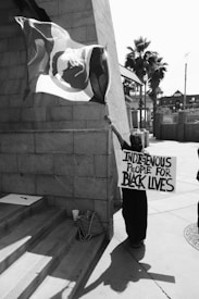 A person stands on a city street, holding a flag on a pole and a sign reading 'Indigenous People for Black Lives'. The scene includes a stone wall, a set of steps, a cup, and a bag. In the background, palm trees and buildings are visible.