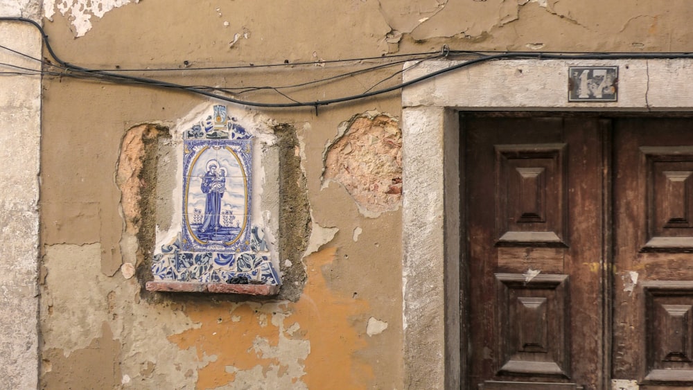 blue and white wall mounted signage