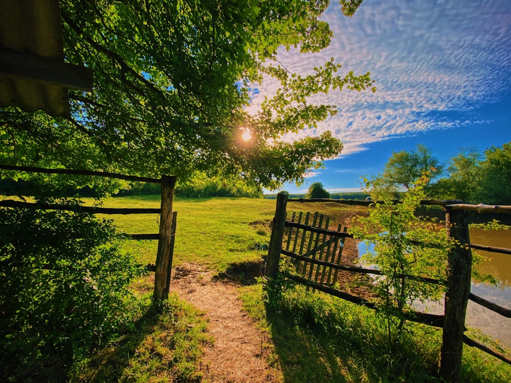 brown wooden fence near green grass field under blue sky during daytime