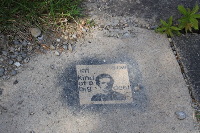 A stencil-style artwork is painted on a concrete surface, featuring a person's face and the text 'I'm kind of a big deal'. Surrounding the artwork, there are patches of grass, small rocks, and more concrete.