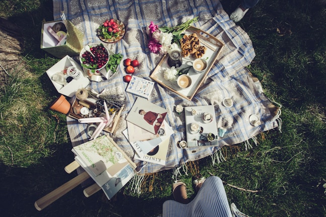 A beautifully arranged picnic blanket set under a tree.