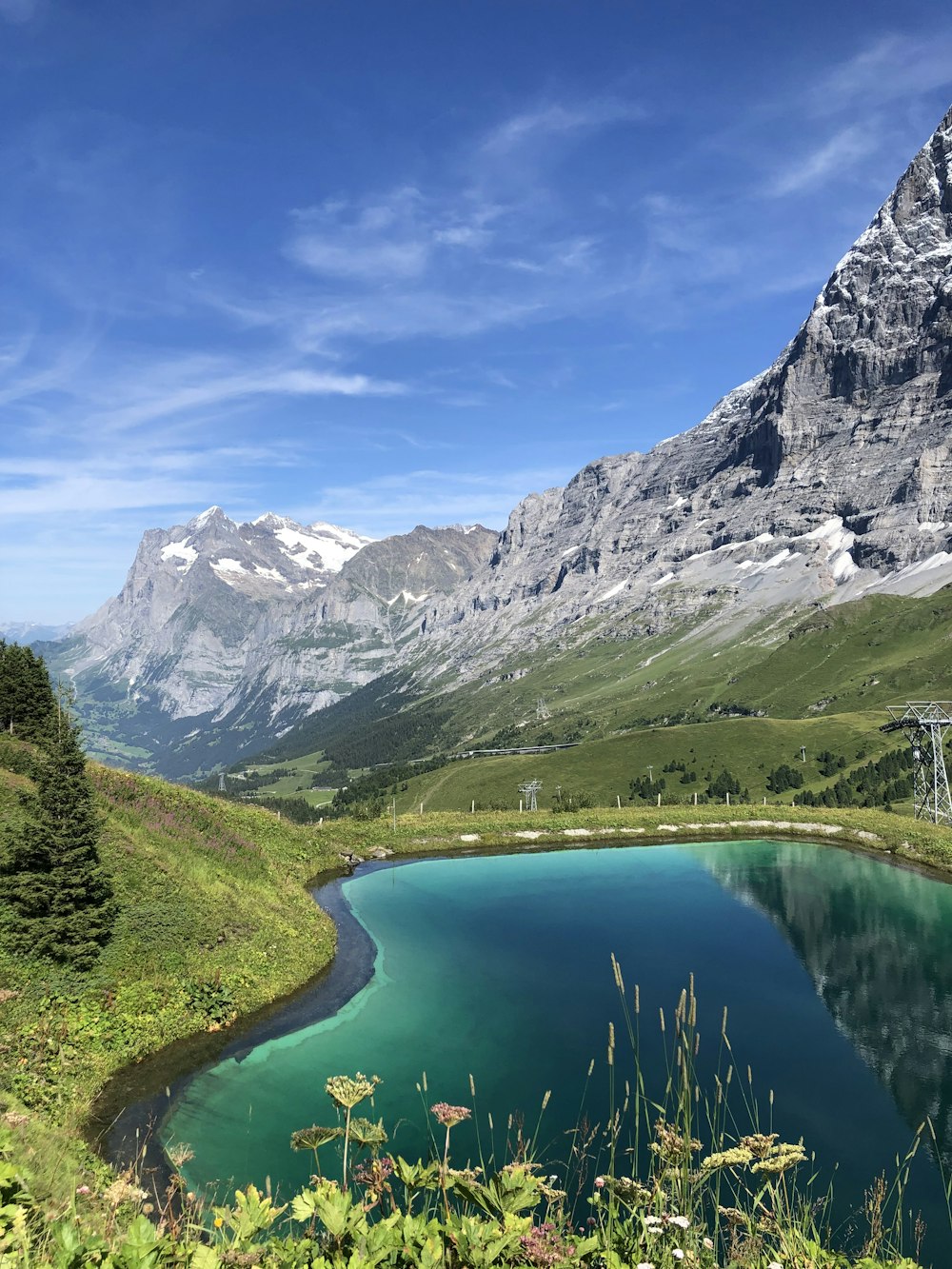 Lac au milieu d’un champ d’herbe verte et de montagnes sous un ciel bleu pendant la journée