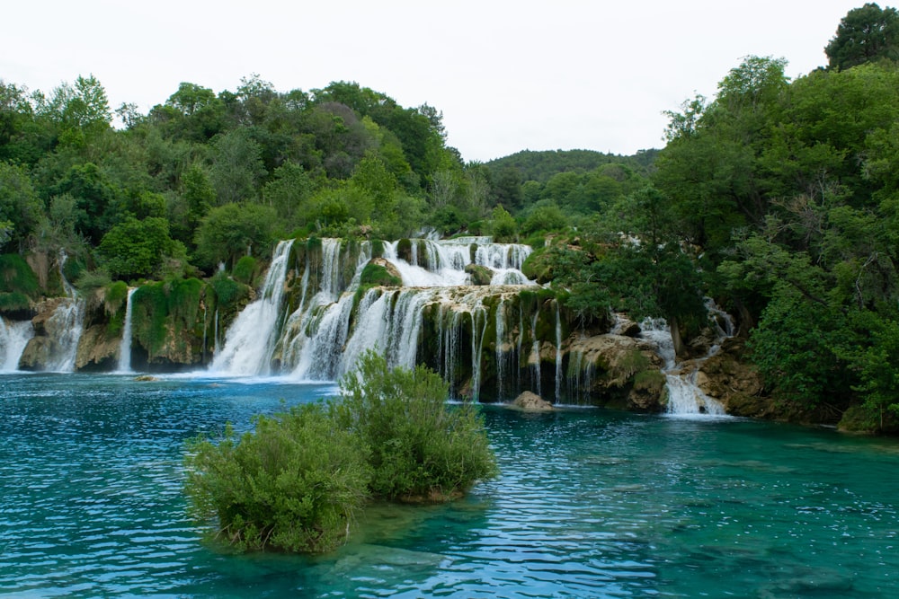 waterfalls near green trees during daytime