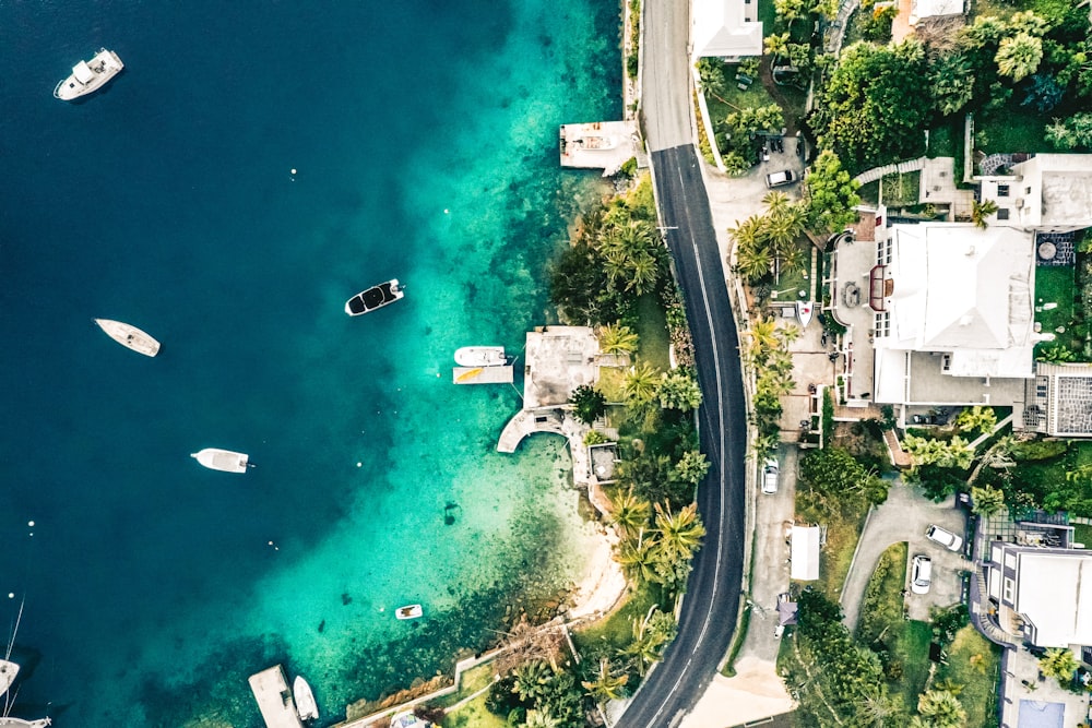 aerial view of city buildings near body of water during daytime