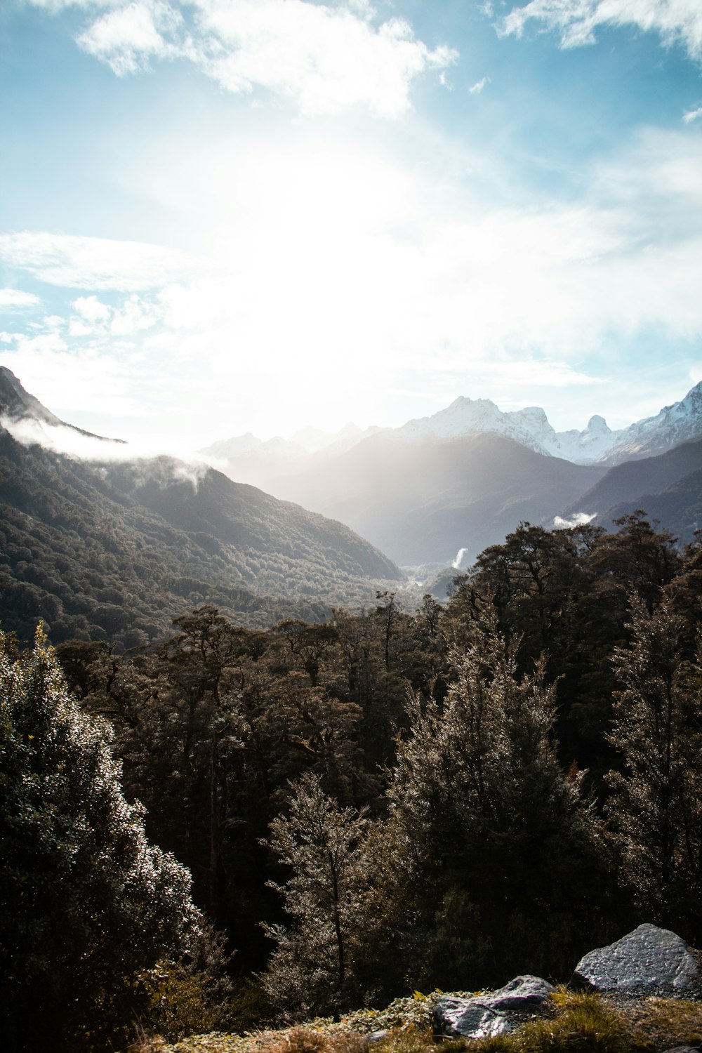 green trees near mountain under white clouds during daytime