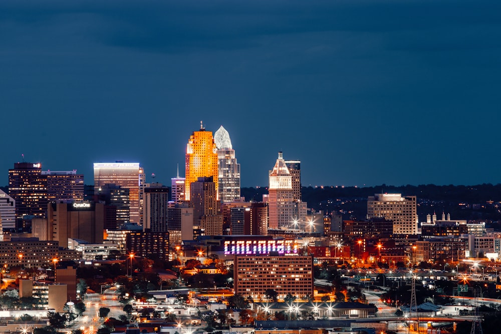 city skyline during night time