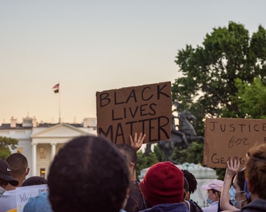 A group of people are gathered in front of a significant building, holding signs advocating for social justice. The sign in the forefront reads 'BLACK LIVES MATTER,' while another nearby mentions justice for George. The atmosphere appears calm yet determined, with people wearing masks, suggesting an awareness of health safety.