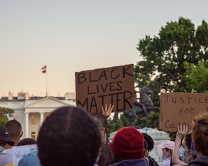 A group of people are gathered in front of a significant building, holding signs advocating for social justice. The sign in the forefront reads 'BLACK LIVES MATTER,' while another nearby mentions justice for George. The atmosphere appears calm yet determined, with people wearing masks, suggesting an awareness of health safety.