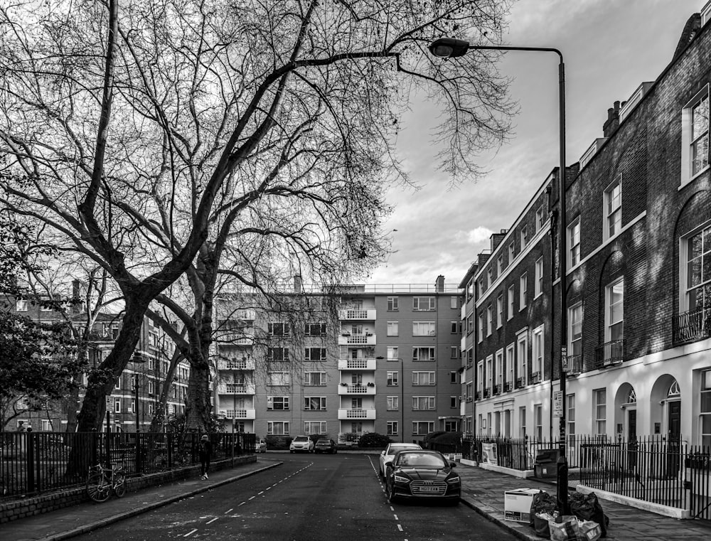 grayscale photo of cars on road near buildings