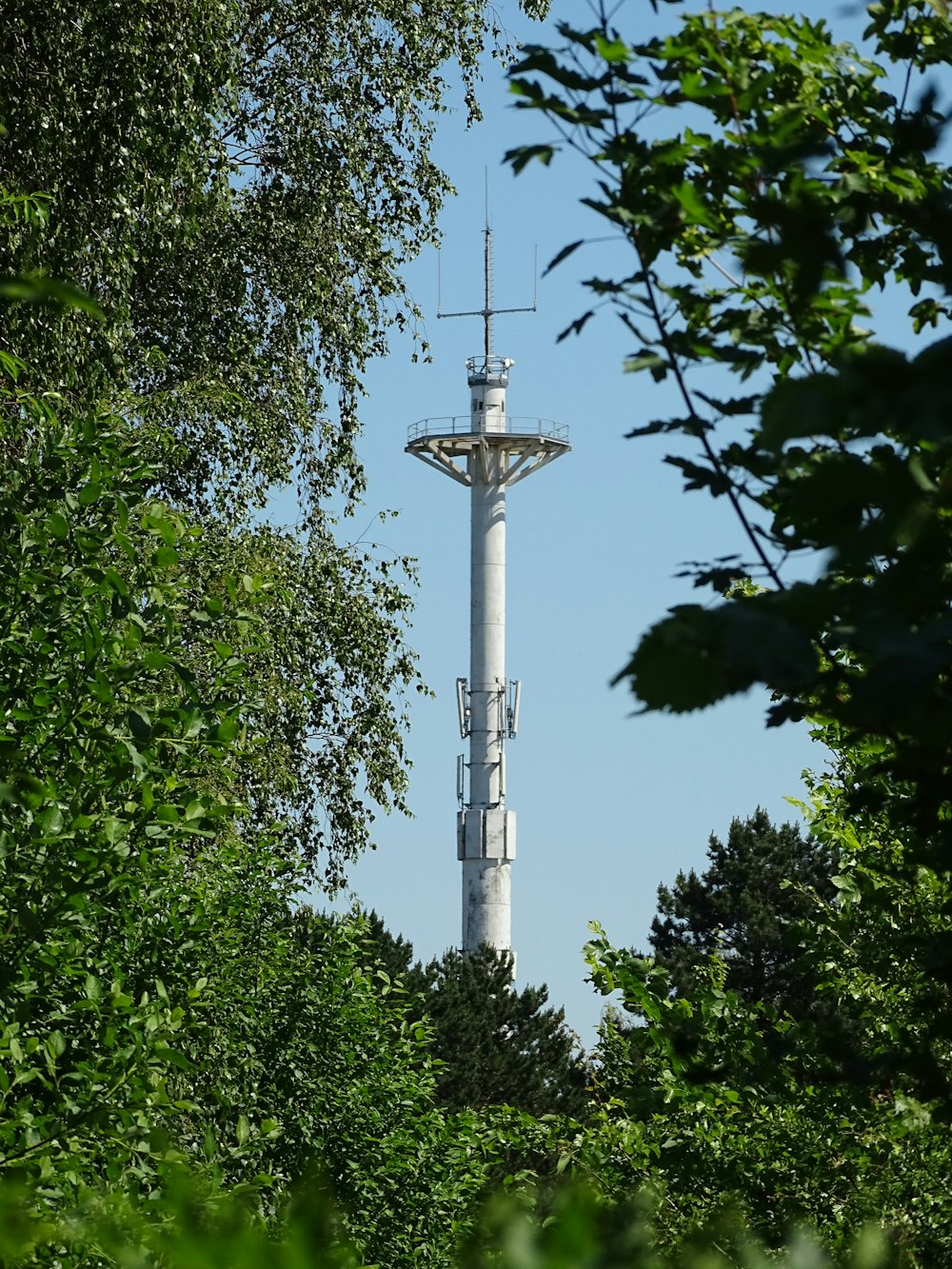 weißer Turm tagsüber von grünen Bäumen umgeben