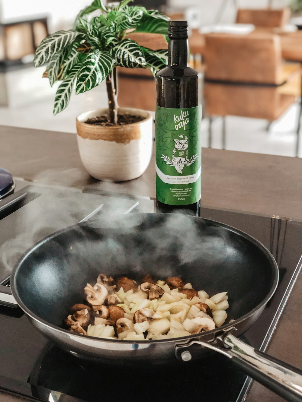 black ceramic bowl with food