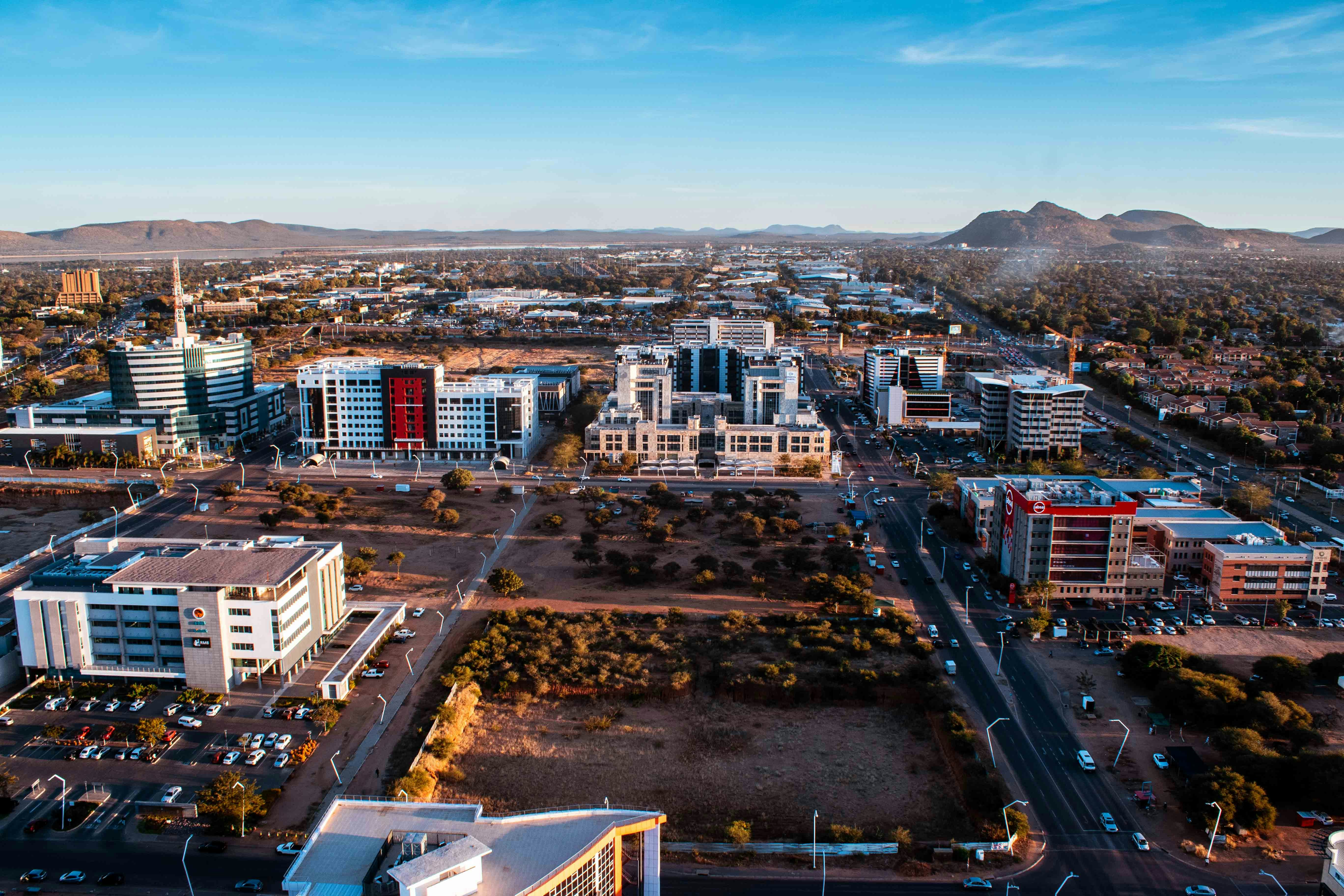 Overview of the Central Business District in Gaborone, the capital city of Botswana.