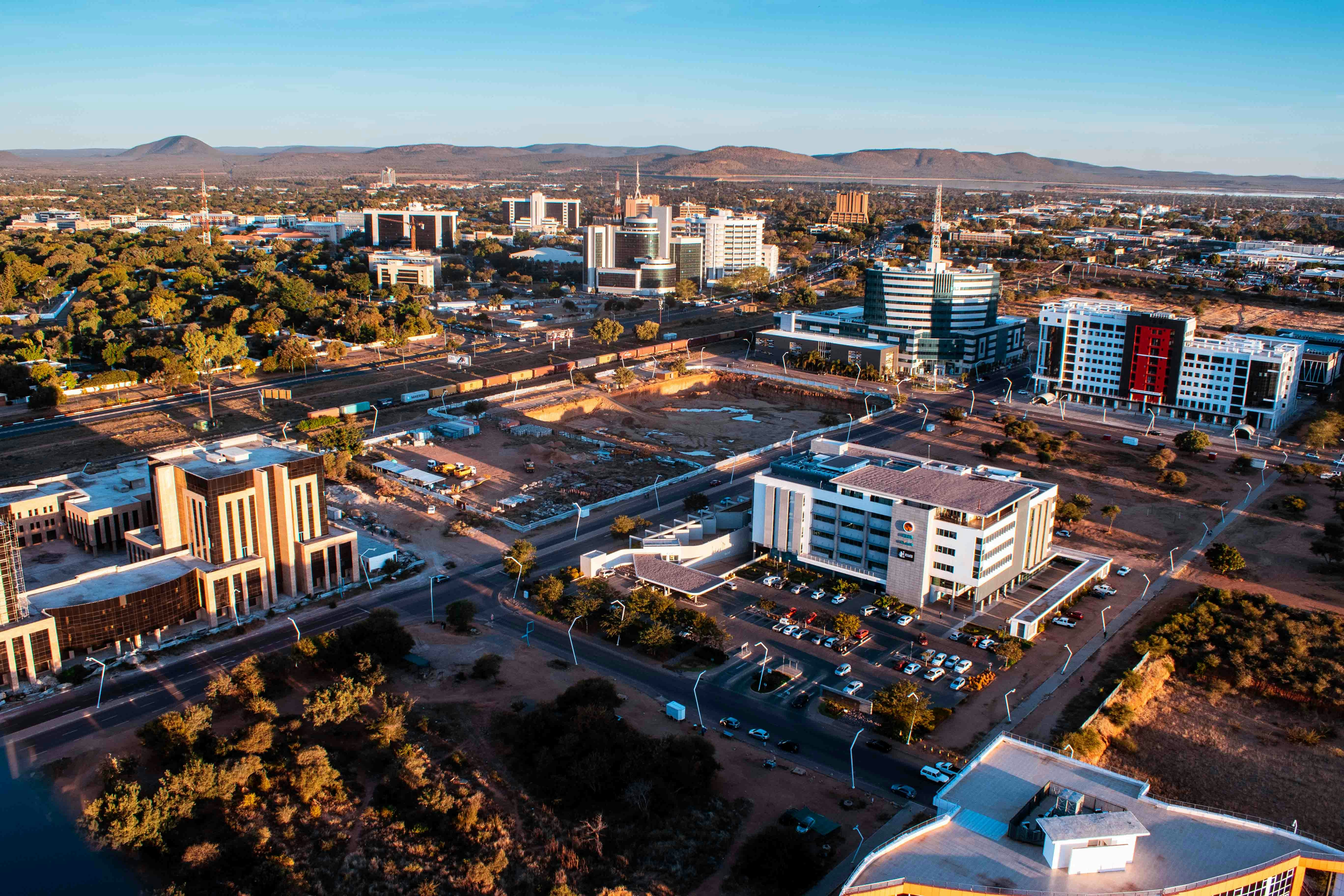 Overview of the Central Business District in Gaborone, the capital city of Botswana.