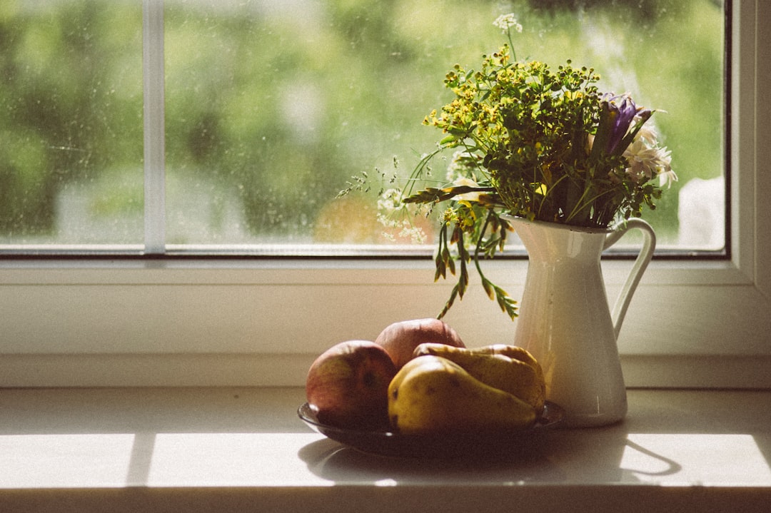 green plant in white ceramic vase beside red apple fruit