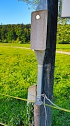 A wooden pole with metal fixtures is set in a green field under a clear blue sky. The foreground pole has an electrical box attached, and wires run down it. Lush vegetation surrounds the area, suggesting a rural or countryside setting.