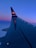 The image features the wing of an airplane viewed from a passenger window, with a vivid gradient in the sky transitioning from a rich blue to a lighter pink hue near the horizon. The airplane's tail displays a logo and a hashtag.