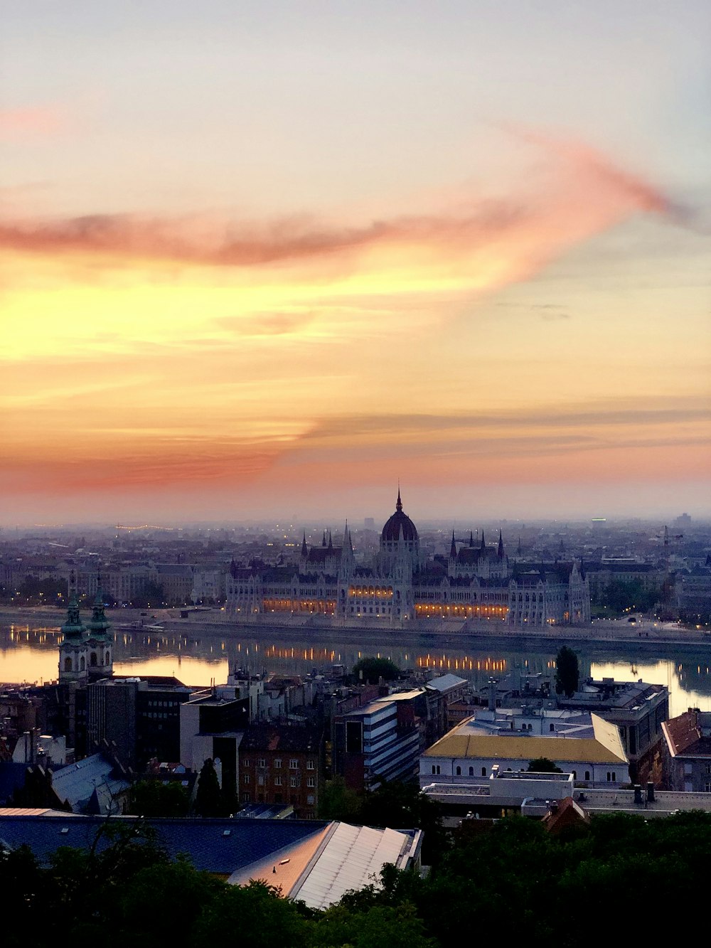 city skyline during sunset with cloudy sky