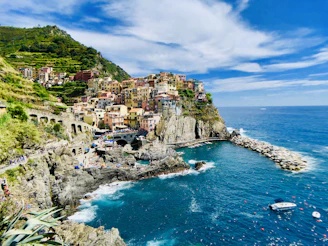 houses on mountain near sea under blue sky during daytime
