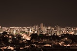 A bustling city skyline illuminated at night.