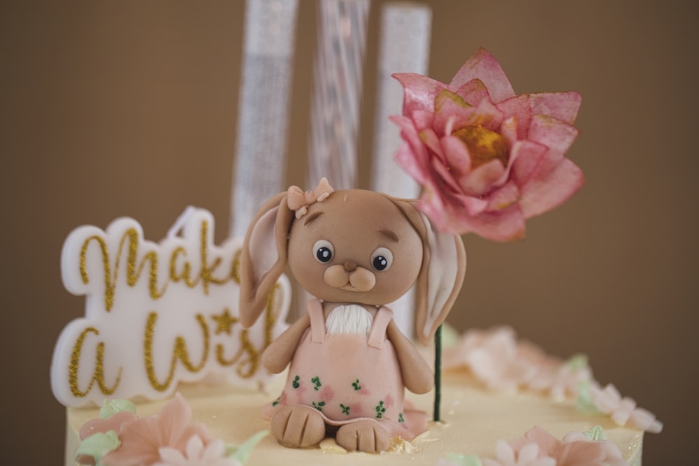 happy birthday greeting with pink roses and brown bear