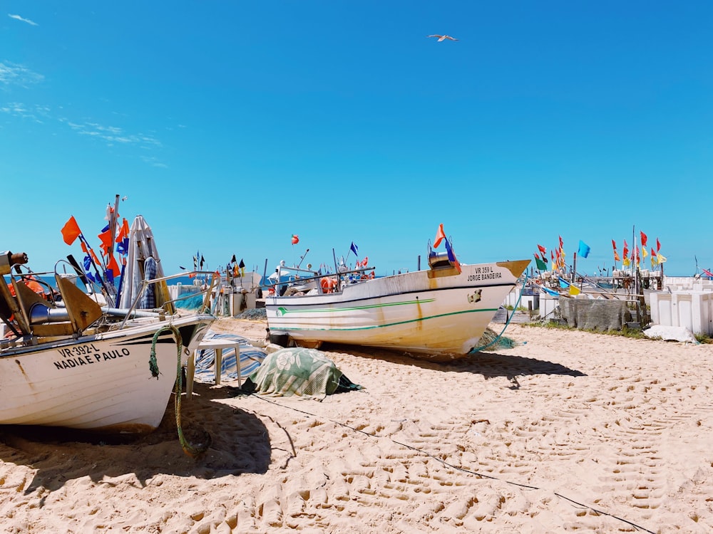 white and blue boat on beach during daytime