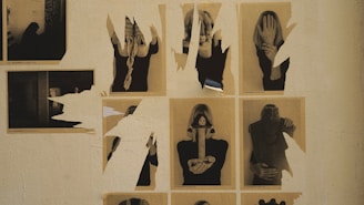 An old family photo torn in half, with a dark, moody background.