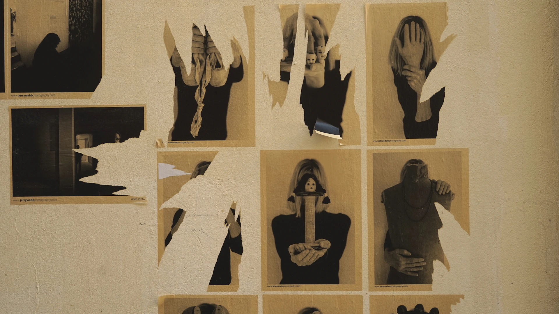 An intriguing photo collage featuring blurred faces and cryptic notes hinting at secret hideouts, all tinted in green and blue hues.